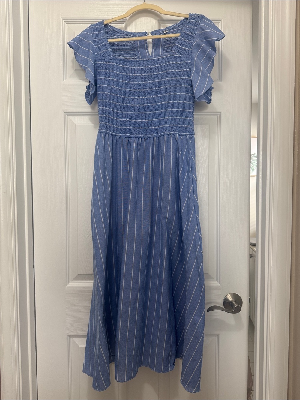 Smocked Square-Neck Midi Dress in Light Blue Stripe